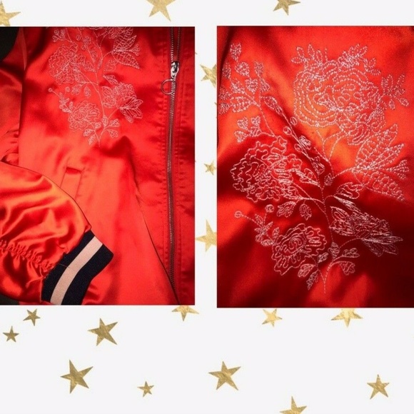 H & M BOLD RED SATIN BOMBER STYLE JACKET WITH PRETTY FLORAL EMBROIDERY~MEDIUM - Picture 5 of 8
